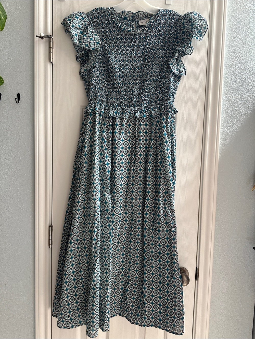 Olivia James The Label Smocked Teal Geometric Midi Dress M Cotton Summer